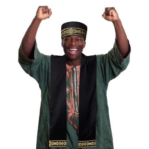 Image of Jiuguva 2 Pcs African Hats for Men Pattern African Kente Kufi Hats and Stole Sash for Black History
