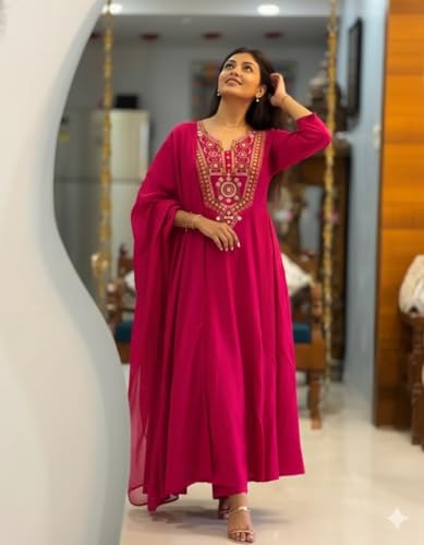Image of ANNI Designer Women Viscose Embroidered Anarkali Kurta with Palazzo and Dupatta | Ladies Kurta Palazzo Dupatta Set | Ethnic Wear Indian Traditional Clothing for Women