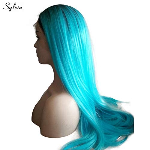 Xiweiya Long Silky Straight Aqua Blue Lace Front Wig with Light Brown Roots Synthetic Light Blue Wig Middle Part Natural Looking Heat Resistant Fiber Hair Cosplay Wig for Women 24inch - Image 2