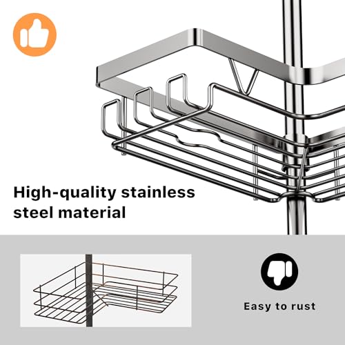 Image of KEGII Corner Shower Caddy Tension Pole with Soap Dish & Razor Holder, Adjustable Bathroom Organizer with Hooks, 25-114.2 Inch Rustproof Storage Shelf for Renters & Apartments, Gunmetal Gray