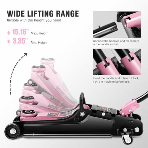 Image of DNA Motoring Low Profile Hydraulic Trolley Service /Floor Jack, 2.5 Ton (5500 lbs) Capacity, Lifting Range 3.35 inch-15.16 inch,Pink, TOOLS-00676-PK