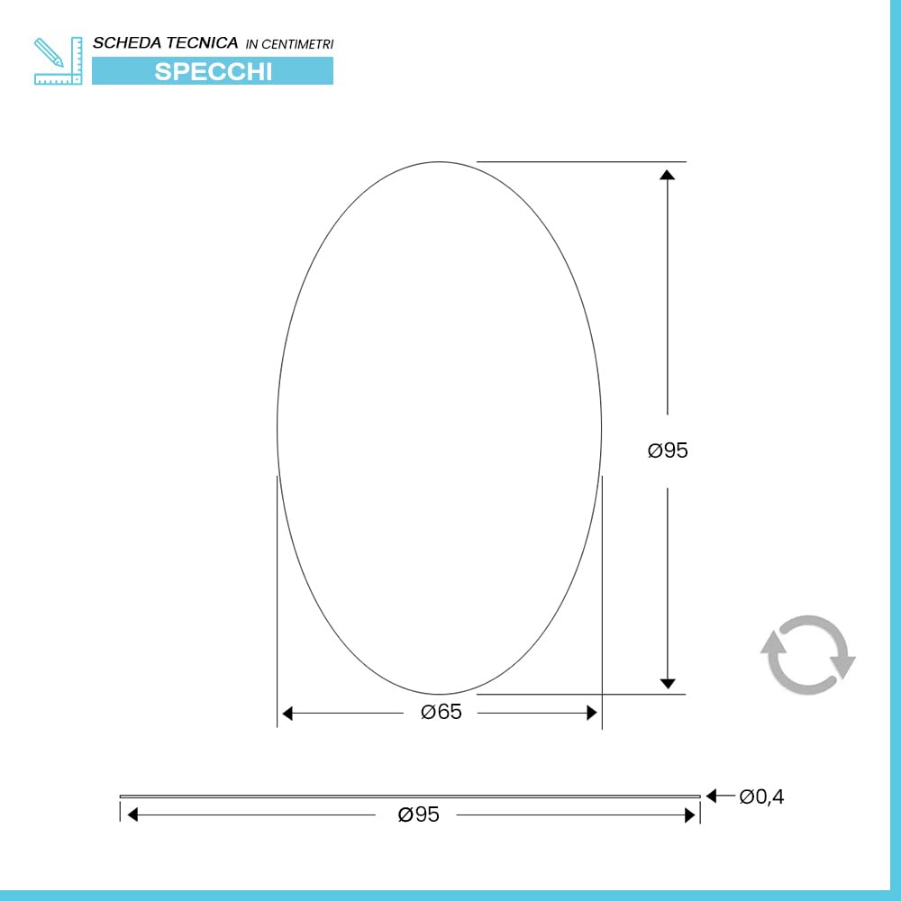 Inbagno Specchio Ovale da Parete 65x95 cm A Filo Lucido – Specchio Decorativo Senza Cornice con Fissaggi Inclusi – Design Moderno per Bagno, Ingresso, Camera – Installazione Verticale o Orizzontale