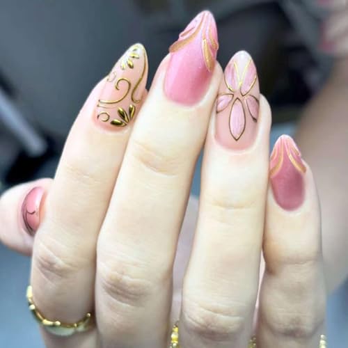 30Pcs Pink Flower Press on Nails - Medium Almond Fake Nails Gold Flowers Vines Design False Nails Chrome Gold Acrylic Nail Pink Glitter Full Cover Gilded Line Floral Artificial Stick on Nail for Women