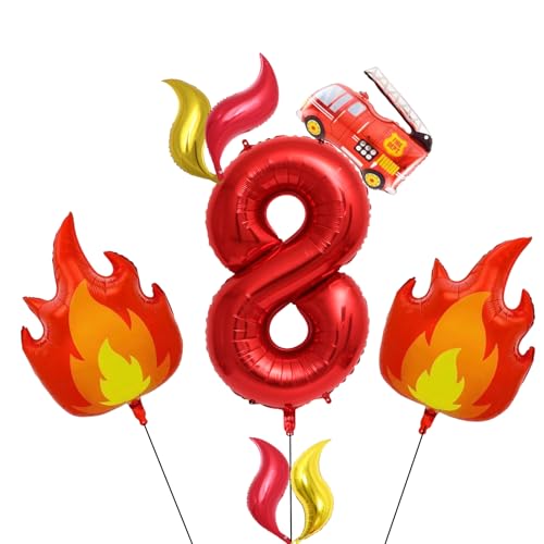 JKGOO Fire Truck Birthday Party Decorations – Firefighter Balloon Set with 40inch Red Number 8st Birthday Balloon, Fire Truck, Flames, and Ribbon – Firefighter Theme Party Favors (Number 8)