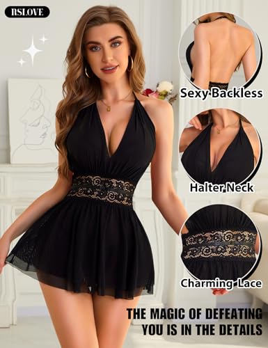 RSLOVE Women's Lingerie Lace Babydoll - Sexy Chemise with Halter Neck Backless Mesh Nightgown Spaghetti Straps Sleepwear4