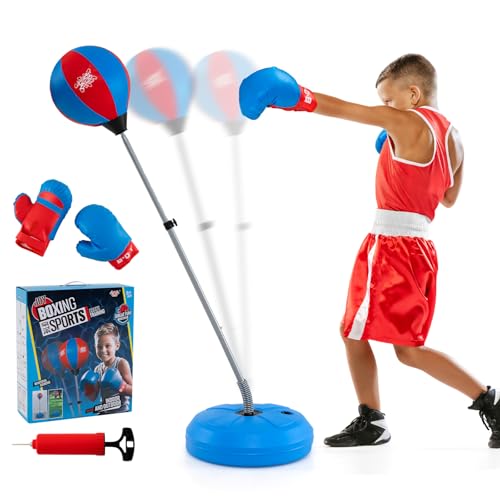 Goplus Punching Bag for Kids, Height Adjustable Kids Workout Equipment with Boxing Stand, Boxing Gloves, Inflator for Teens Adults Boys & Girls Aged 8+, Reflex Bag for Christmas Birthday (Blue)