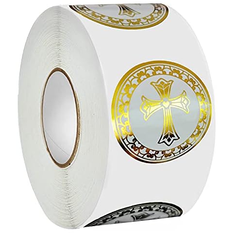 Gold Foil Cross Stickers, 1.5 inch 500 Foil Self-Adhesive Religious Stickers Round Labels for Baptism Party, Envelope Seals, Christening, Wedding Decoration Cover