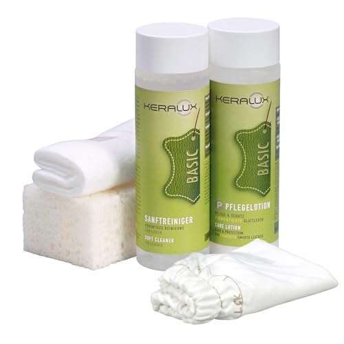KERALUX 5-Teiliges Lederpflegeset P für Pigmentierte Glattleder je 200 ml Reiniger und Pflege Staubhandschuh Schwamm Tuch Hochwirksame Imprägnierung und Lichtschutz