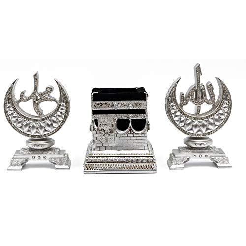 Modefa Islamic Turkish Home Table Decor Gift Set Package | Al-Masjid an-Nabawi Green Dome | Crescent Moon Allah Muhammad | Kaba Replica Model (Silver - Kaba/Allah/Muhammad)