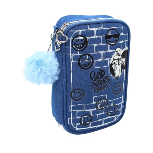 Estojo Escolar Box Feminino Estampado Jeans Quádruplo + Chaveiro Pompom 7 Modelos (ESCOLHA O SEU) (Modelo 2)