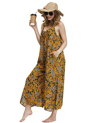 Image of BUENOS NINOS Women's V Neck Floral Maxi Dress Boho Printed Adjustable Spaghetti Strap Ethnic Beach Long Dress with Pockets