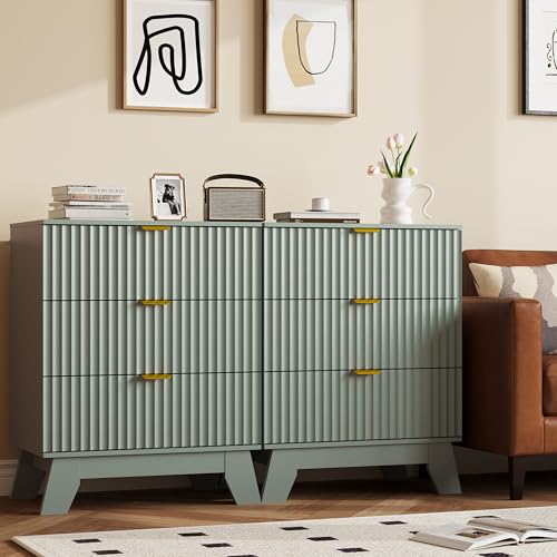 Image of Fluted Nightstand Sets of 2 with 3 Large Drawers, Wooden Side End Table with Elevated Legs for Easy Cleaning, Sturdy Modern Beside Table for Small Space, Bedroom, Green, 24 inch L