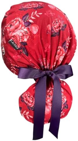 Scrub Cap for Women and Men, Ponytail Scrub Caps, Working Hat, Head Cover with Ribbon Ties and Buttons, Long Hair