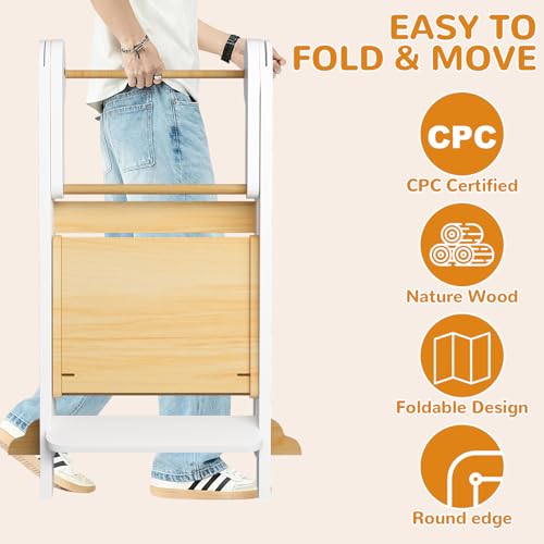 Image of ROOMTEC Foldable Toddler Kitchen Tower, 3 Adjustable Height Wooden Step Stool, Toddler Standing Tower with Safety Net for Kitchen Bathroom Sink Counter