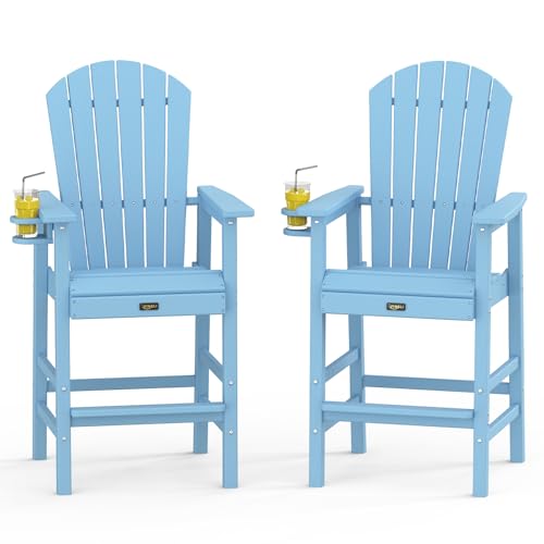VINGLI Tall Adirondack Chairs Set of 2 All-Weather Plastic Adirondack Chair with Cup Holders Heavy-Duty HDPE Outdoor Bar Stools for Patio Balcony Pool Backyard (Blue 2 PCS)