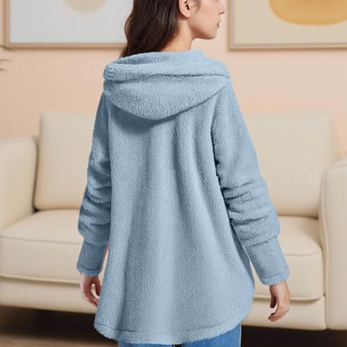 Girls Fuzzy Fleece Jacket Fall Winter Teddy Coat Long Plush Hoodies with Pockets Button Down Sherpa Outwear Clothes4
