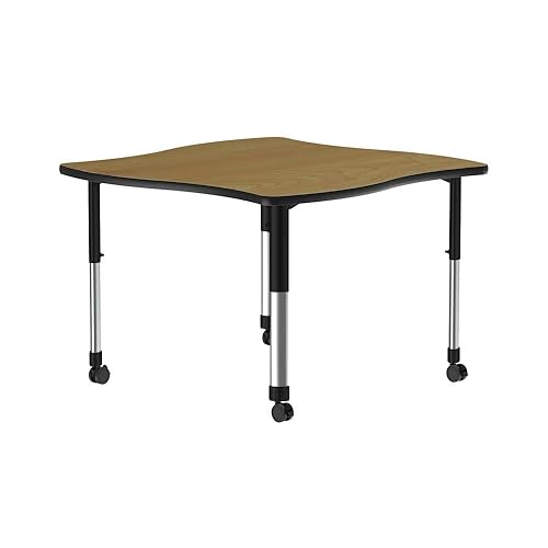 Correll 42"x42" Collaborative Classroom Table, Height Adjustable (25"-35) Swerve Shaped Fusion Maple HPL Top, Black Edge Band, Castors, Modern