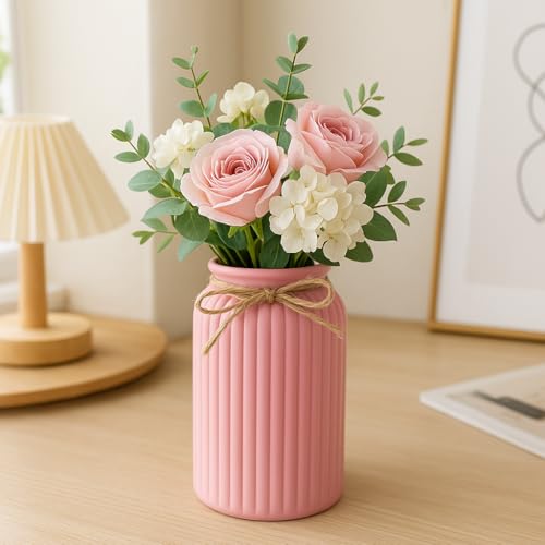 Image of Plastic Ribbed Decorative Vase with Jute Rope Top | Ceramic Look, Unbreakable Flower Pot for Centre Table, Balcony & Living Room Decor | Only Vase (No Flower) (Pink)
