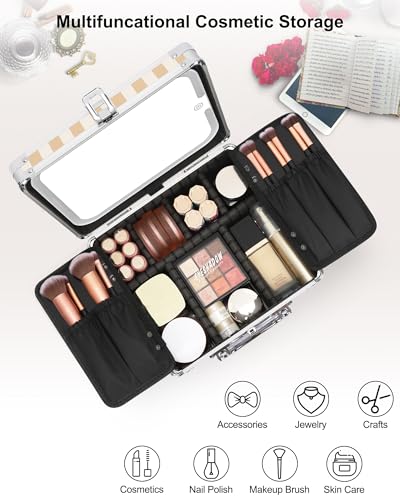 Image of Relavel Makeup Bag with LED Mirror, Makeup Box Travel Train Case with Lighted Mirror & Adjustable Dividers, Cosmetic Brush Organizer Storage for Makeup Artists Gifts for Women and Girls (Plaid, Small)