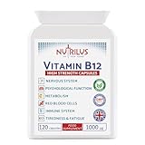Nutrilus Vitamin B12 120 High Strength Capsules 1000µg - One Daily - not Tablets - High Bioavailability Methylcobalamin - Vegan Supplement - UK