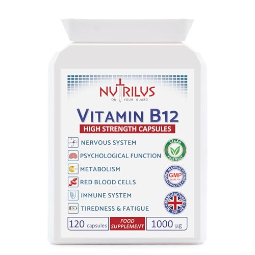 Nutrilus Vitamin B12 120 High Strength Capsules 1000µg - One Daily - not Tablets - High Bioavailability Methylcobalamin - Vegan Supplement - UK