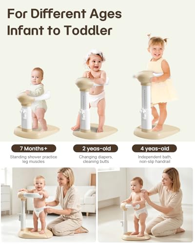 Image of COOSEYA Baby Shower Stand, Toddler Bath Stand Support with Thicker Colum, Anti-Pinch, Anti-Slip Base, Adjustable Shower Holder for Toddler Standing (Khaki)