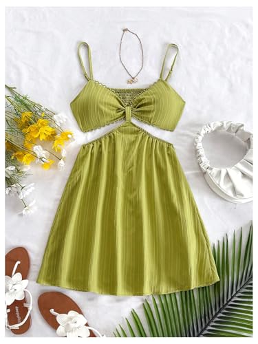 Image of OYOANGLE Women's Cut Out Smocked Sundress Backless Ruffle A Line Cami Dress Flowy Mini Dress