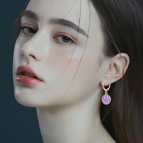 Image of Smiley Face Earrings Huggie Hoop Y2K Preppy Happy Lightning Bolt Heart Star Small Dangle Colorful Gold White Red Pink Yellow Blue Jewelry