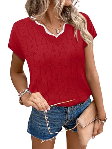 Image of WIHOLL Womens Summer Tops Cap Sleeve Sweater V Neck Shirts Beach Vacation Clothes Business Casual Fashion Clothing