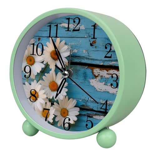 Luoweisi Reloj despertador de madera de margarita blanca, silencioso, sin tictac, con luz nocturna, reloj despertador redondo de metal para oficina, funciona con pilas, dormitorio, ancianos, adultos