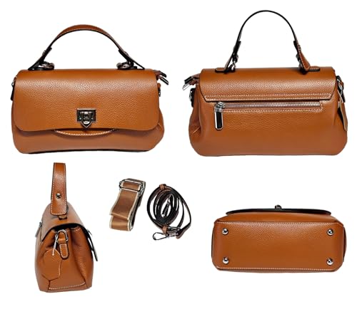 Women Genuine Top Grain Real Leather Top Handled Satchel Bag. Crossbody Bag with 2 Shoulder Straps2