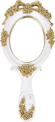 Nerien Handheld Mirror Vanity Makeup Mirror Travel Princess Metal Cosmetic Mirror Portable Oval Embossed Rose Mirrors Decorative Desk Girl Student Vintage Beautiful Handle Mirrors White-4