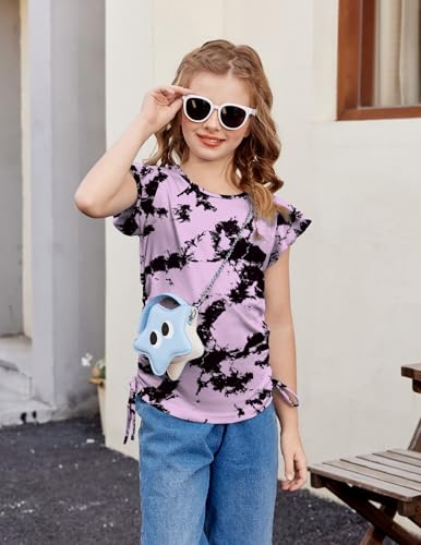 Image of Arshiner Girls T Shirts Ruffle Short Sleeve Ruched Knot Side Tunic Blouse Summer Tee Tops