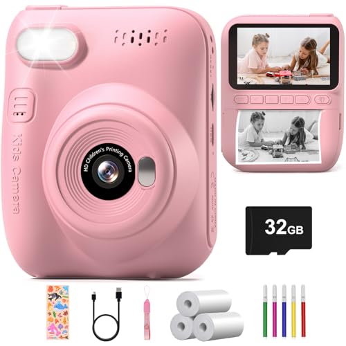 Kids Camera Instant Print, Hangrui 3.0'' Instant Camera for Kids with 32G Card & Print Paper, 14MP 1080P Kids Digital Camera with 5 Color Pens, Christmas Birthday Gift Toy for Girls Boys Age 3-12,Pink
