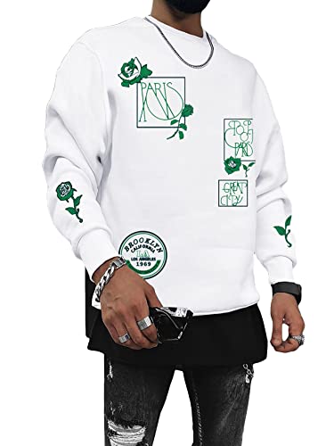 Soly Hux Men's Floral Letter Graphic Crew Neck Sweatshirt Long Sleeve T Shirt Pullover Tops White L #TOP27