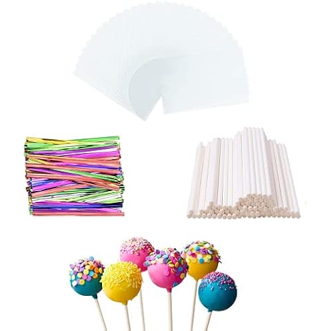 100Pcs Cake Pop Sticks 100Pcs Cake Pop Bags and 100Pcs Twist for Making Party Favours Cupcake Candy Jelly and Chocolate Fit Most Kinds of Party Themes Like Birthday Wedding Cover