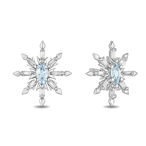 Jewelili Enchanted Disney Fine Jewelry 10K White Gold 1/5 CTTW Diamond and Aquamarine Elsa Earrings