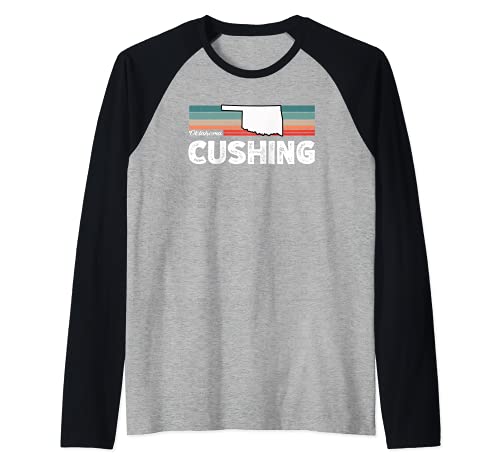 Vintage Retro Cushing CA Tourist Native Oklahoma Raglan Baseball Tee, Black