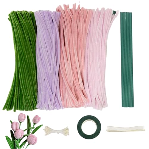 Flores con limpiapipas manualidades en familia con cinta y tallos verdes
