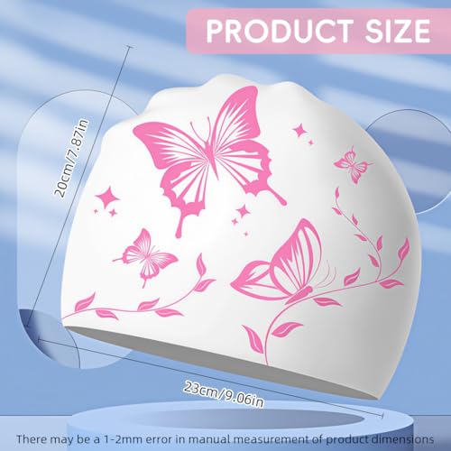 Image of Proberos Swimming Cap for Women & Girls, Waterproof Silicone, Pressure-Free Fit Swim Cap, Long Hair Swimming Head Cap, Wrinkle-Free Women Swim Pool Cap for Long Hair, Butterfly Prints