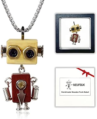 Handmade Necklaces, Cute Necklaces for Teen Girls Boys with Gift Box, Wooden Punk Robot Dainty Silver Healing Pendant Necklace, Valentine's Day, Birthday Anniversary Day Gift Stainless Steel Chain 22"