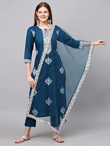 Image of GoSriKi Women's Cotton Blend Straight Embroidered Kurta with Pant & Dupatta