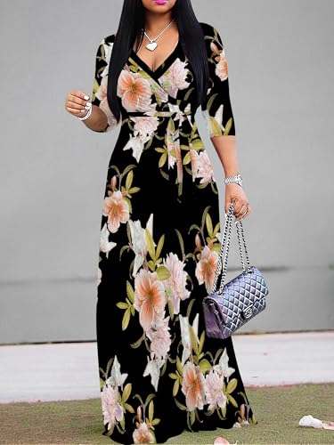 Image of SUZONANA Plus Size Dresses for Women Floral Print Maxi Dress Flowy 3 /4 Sleeve with Belt