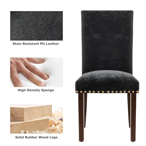 Image of COLAMY Upholstered Parsons Dining Chairs Set of 2, Fabric Dining Room Kitchen Side Chair with Nailhead Trim and Wood Legs - F-Black