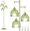 ILLMTW Glass Floor Lamp for Living Room,Bedroom,Gold Mid Century Modern Standing Lamp Brass Tree 3 Light Tall Floor Lamps Vintage Retro Floor Lights Green Flower Lamp Shade Farmhouse Boho Bohemian