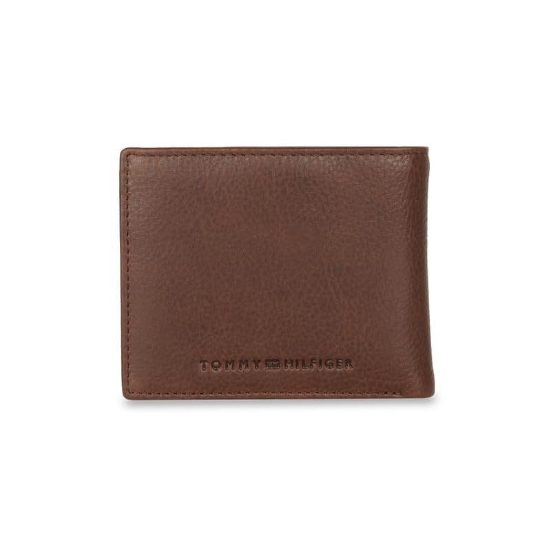 Image of Tommy Hilfiger Steuben Men Leather Global Coin Wallet - Brown | 4 Card Slots | 2 Compartments | 2 Pockets | Pebbled Textured Pattern | 6 Months Warranty