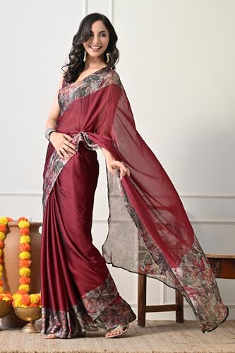 Image of MIRCHI FASHION Women Saree Floral Printed Chiffon | Breathable Lightweight Summer Sari for Office and Daily Use with Unstitched Blouse (Available in 20 Styles)