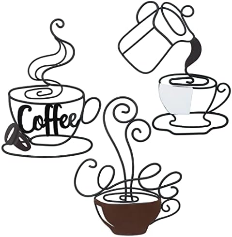 VinSees Coffee Wall Art Decor, Metal Wire Coffee Bar Signs Decor for Kitchen Decoration, Coffee Bar Decor,9.8 Inch Set of 3 Black,Coffee Cup Iron Wire One Line Wall Art for Kitchen Dining Room