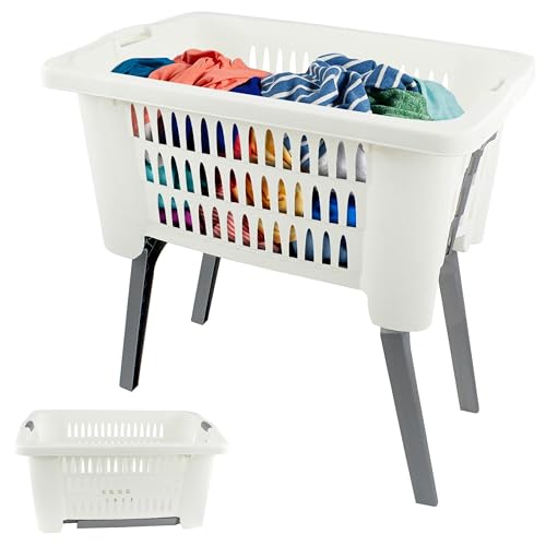 GEEZY Folding Laundry Basket with Foldable Legs - Lightweight Ventilated Laundry Bin Large Capacity Plastic Washing Basket Space-Saving Clothes Basket Storage Keep Bathroom Tidy & Room Organised