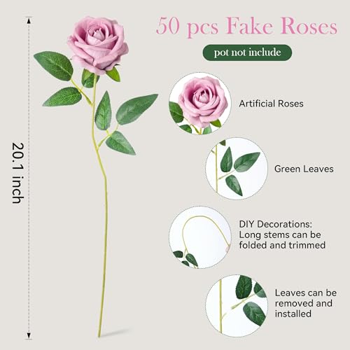 Image of 50 PCS Pink Roses Artificial Flowers, Real Looking Fake Roses with Long Stems Silk Flowers for DIY Wedding Bouquet Party Celebration Home Bridal Shower Decoration Valentine's Day Gift for Her Wife